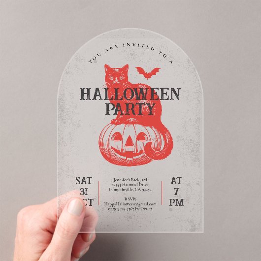 Vintages Red Cat and Pumpkin Halloween-Party Acryleinladungen (Insitu (Handheld))