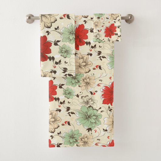 Vintages Red Green Floral Design Badetuch Set (Insitu)