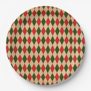 Vintages Red & Green Harlequin-Muster  Pappteller
