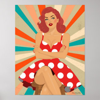 Vintages Red Hair Button Up Girl - Retro Art Poste Poster