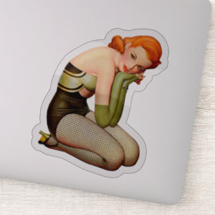 Vintages Red Head Button mit Fischnet-Strümpfen Aufkleber