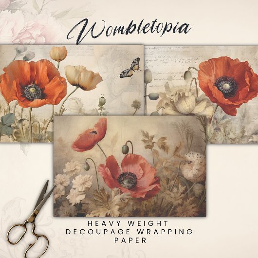 Vintages Red Poppies Decoupage Paper-Set Geschenkpapier Set