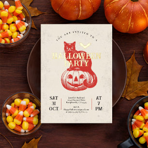 Vintages Red Pumpkin und Cat Halloween-Party Gold Folieneinladung