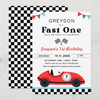 Vintages Red Race Car Erster Geburtstag Schnell Ei Einladung
