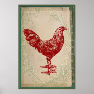 Vintages Red Rooster Shabby Chic Grunge Chicken Poster