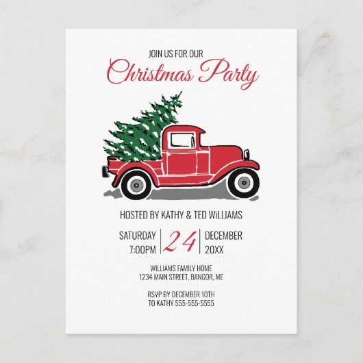 Vintages Red Truck Pine Tree Weihnachtsfest Party Einladungspostkarte (Vorderseite)