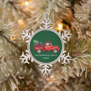 Vintages Red Truck Tree Geschenke Weihnachten Fami Schneeflocken Zinn-Ornament
