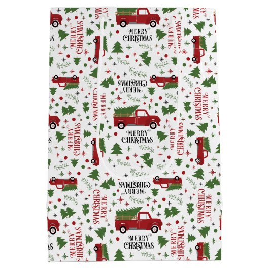 Vintages Red Truck Weihnachtsbaummuster Mittlere Geschenktüte (Rückseite)