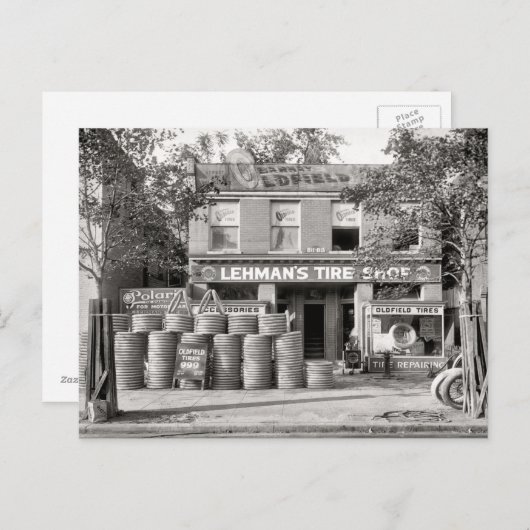Vintages Reifengeschäft, Schwarzweiß-Foto Postkarte (Vorne/Hinten)