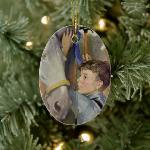 Vintages Rennpferd, Blue Ribbon Sieger mit einem J Keramik Ornament