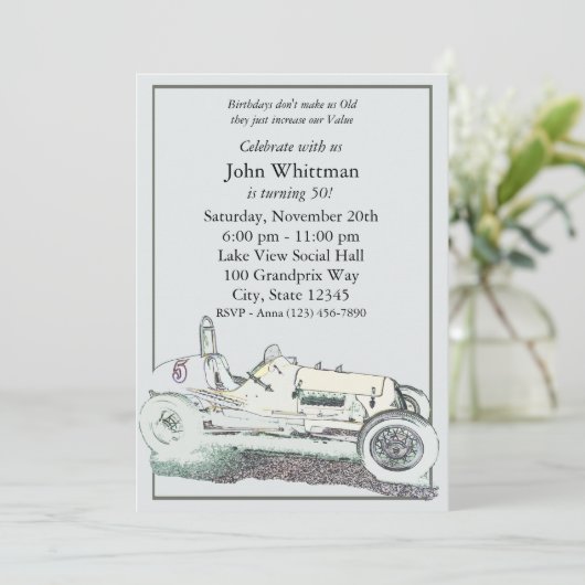 Vintages Rennwagen/Geburtstagsaufenthalt Einladung (Stehend Vorderseite)