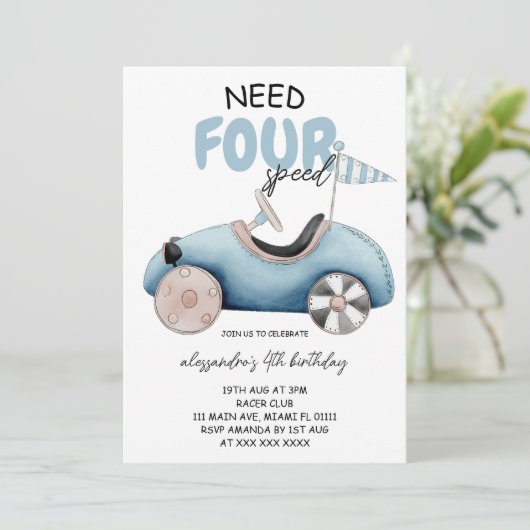Vintages Retro-Auto 4. Geburtstag Einladung (Stehend Vorderseite)