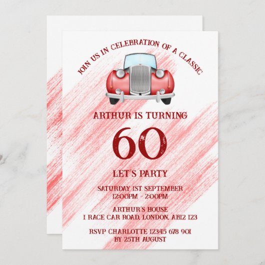 Vintages Retro-Auto mit roter Klassik Einladung (Vorne/Hinten)