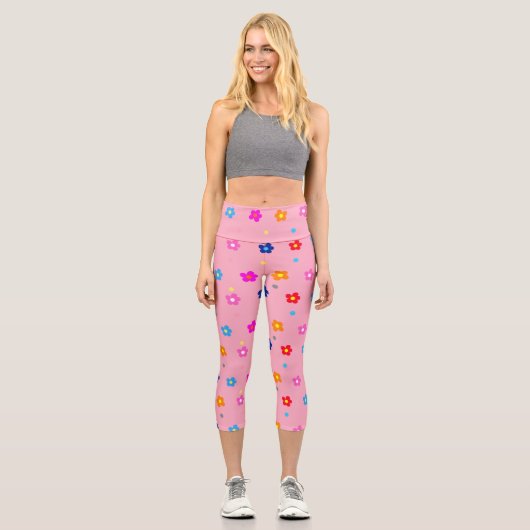 Vintages Retro-Blume-Muster rosa Capri Leggings (Vorderseite)
