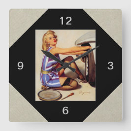 Vintages Retro Car Mechanisches Pinup Girl Quadratische Wanduhr