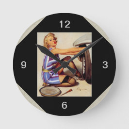 Vintages Retro Car Mechanisches Pinup Girl Quadratische Wanduhr