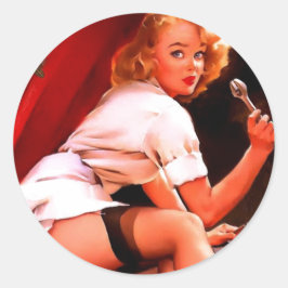 Vintages Retro Car Mechanisches Pinup Girl Runder Aufkleber