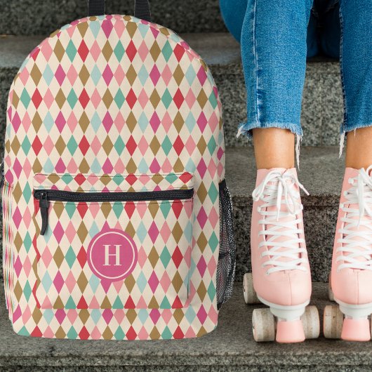 Vintages Retro-Diamant-Muster, rosa Monogramm Bedruckter Rucksack