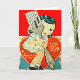 Vintages Retro Girl mit Gabel Valentine Card Feiertagskarte