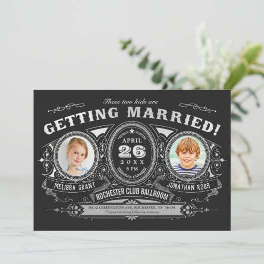 Vintages Retro Kids Foto Hochzeitsreise Einladung (Stehend Vorderseite)