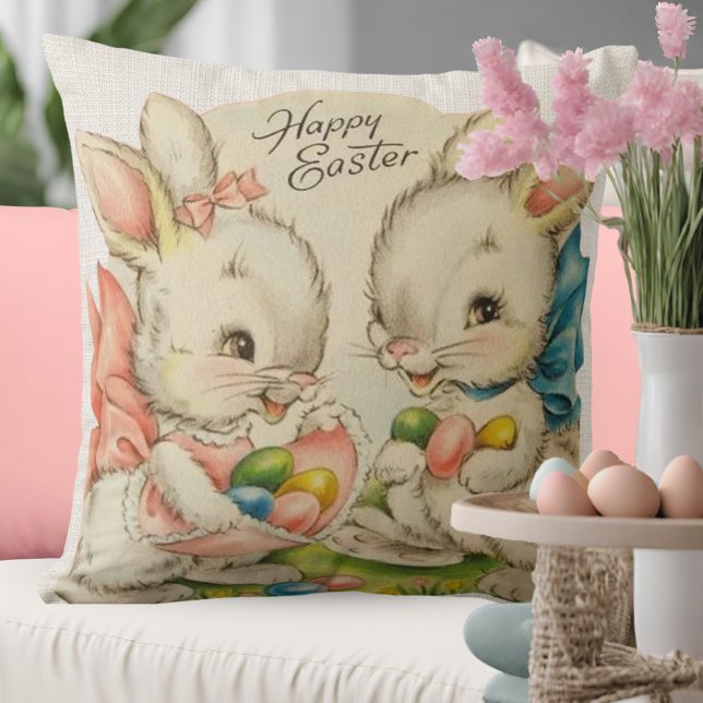 Vintages Retro Ostersonnenpaar Kissen (Vintage Happy Easter Bunnies With Easter Eggs Throw Pillow)