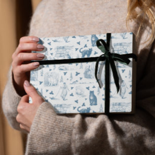 Vintages Retro Toile Muster Katze Katze blau Geschenkpapier