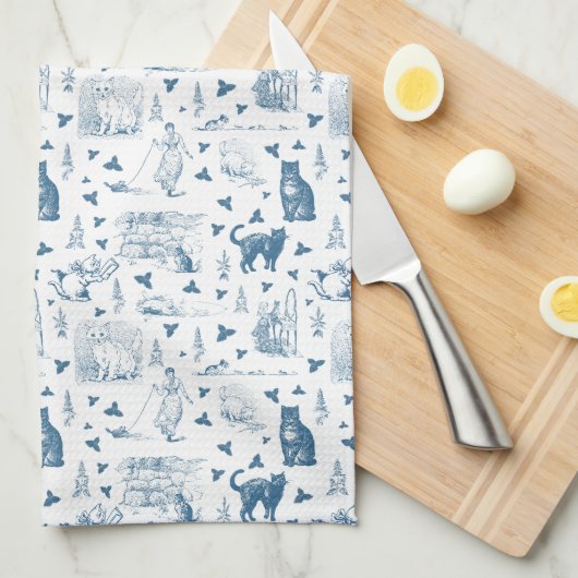 Vintages Retro Toile Muster Katze Katze blau Geschirrtuch (Viertel Falte)