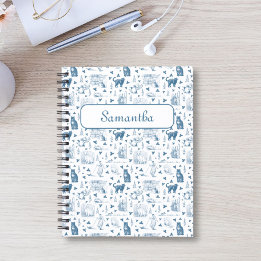 Vintages Retro Toile Muster Katze Katze blau Notizblock