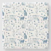 Vintages Retro Toile Muster Katze Katze blau Steinuntersetzer (Vorderseite)