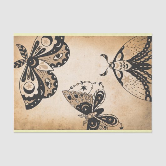 Vintages Retro verblasste schwarze Motten Bräunung Seidenpapier (Vorderseite)