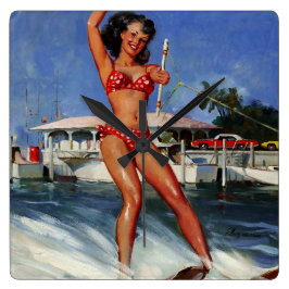 Vintages Retro Water Ski Pingirl Quadratische Wanduhr