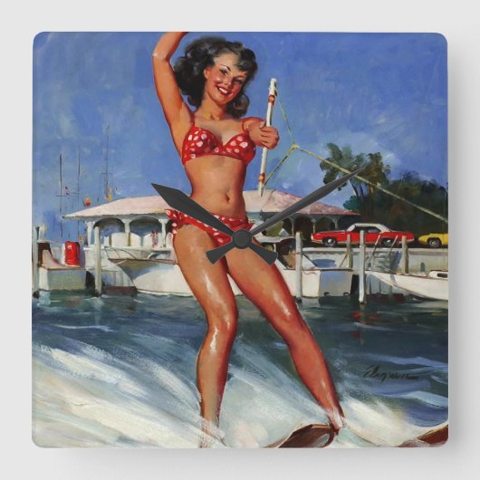 Vintages Retro Water Ski Pingirl Quadratische Wanduhr (Vorderseite)