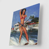 Vintages Retro Water Ski Pingirl Quadratische Wanduhr (Winkel)