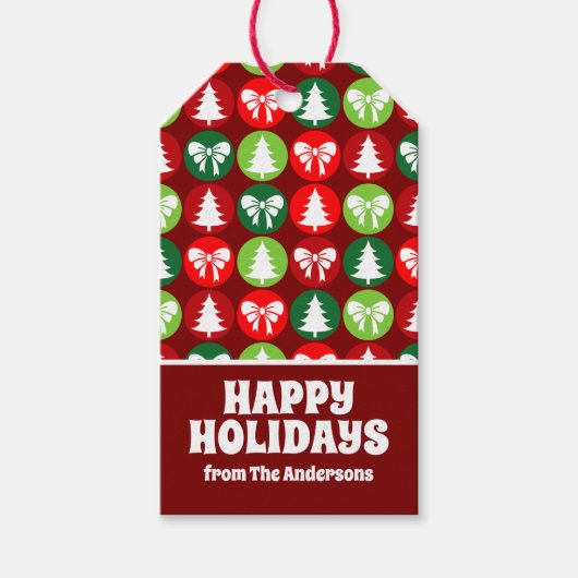 Vintages Retro-Weihnachtsbaum und Bows-Muster Geschenkanhänger (Vorderseite)