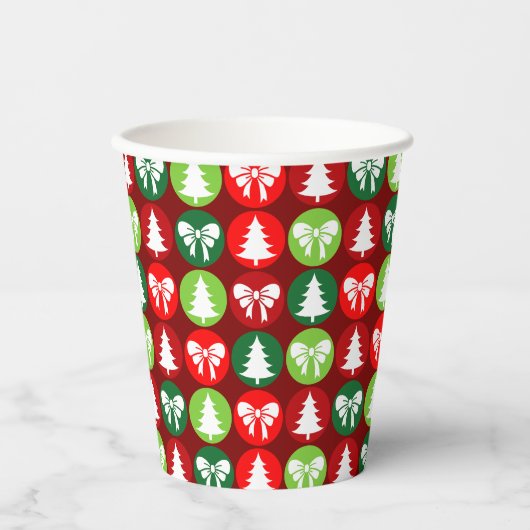 Vintages Retro-Weihnachtsbaum und Bows-Muster Pappbecher (Vorderseite)