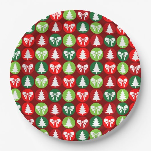 Vintages Retro-Weihnachtsbaum und Bows-Muster Pappteller (Vorderseite)