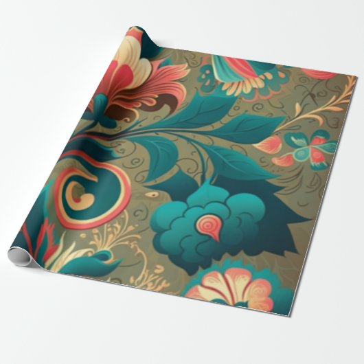 Vintages Retrodesign florgrün Geschenkpapier (Ungerollt)