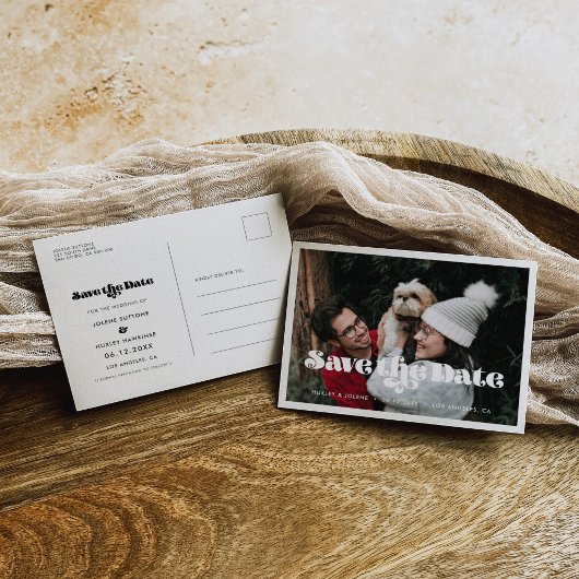 Vintages Retroskript Save the Date Foto Ankündigungspostkarte