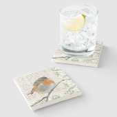 Vintages Robin-Vogelgrün-Damastmanuskript Steinuntersetzer (Seitenansicht)