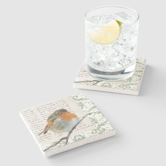 Vintages Robin-Vogelgrün-Damastmanuskript Steinuntersetzer (Seitenansicht)