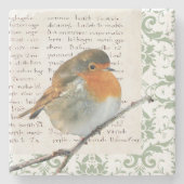 Vintages Robin-Vogelgrün-Damastmanuskript Steinuntersetzer (Vorderseite)