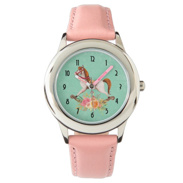Vintages Rockpferd mit Blumenstrauß Armbanduhr (Vorderseite)
