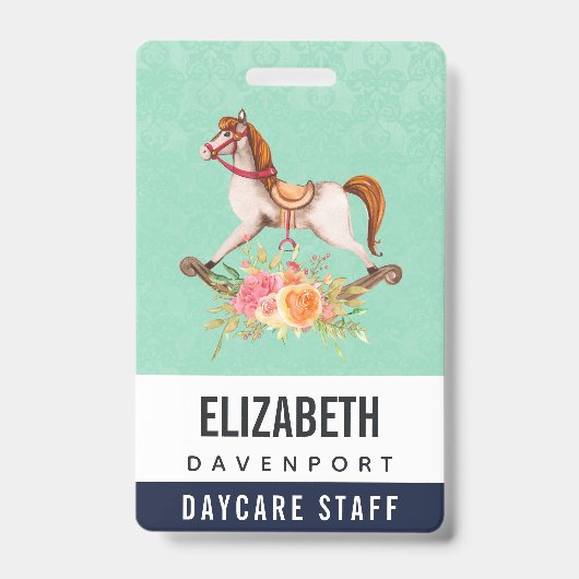 Vintages Rockpferd mit Blumenstrauß Ausweis (Vorderseite)