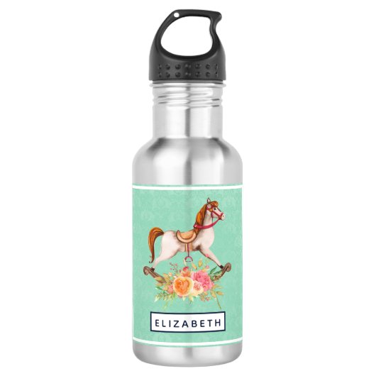 Vintages Rockpferd mit Blumenstrauß Edelstahlflasche (Vorderseite)