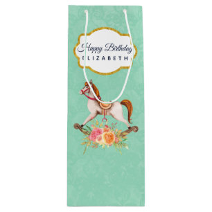 Vintages Rockpferd mit Blumenstrauß Geburtstag Geschenktüte Für Weinflaschen