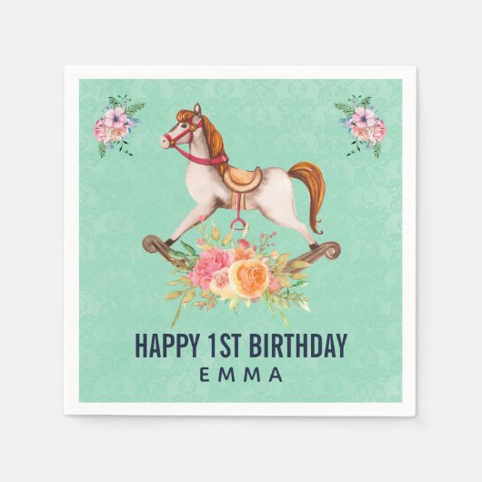 Vintages Rockpferd mit Blumenstrauß Geburtstag Serviette (Vorderseite)