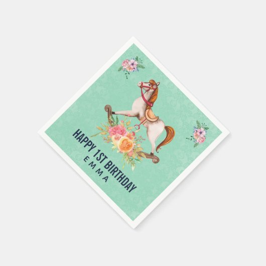 Vintages Rockpferd mit Blumenstrauß Geburtstag Serviette (Ecke)