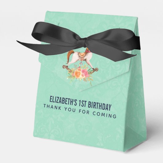 Vintages Rockpferd mit Blumenstrauß Geschenkschachtel (Vorderseite)