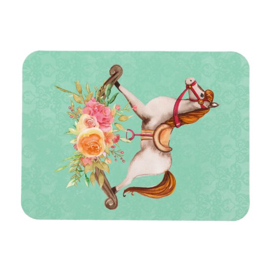 Vintages Rockpferd mit Blumenstrauß Magnet (Horizontal)