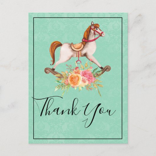 Vintages Rockpferd und BlumenBouquet Vielen Dank Postkarte (Vorderseite)